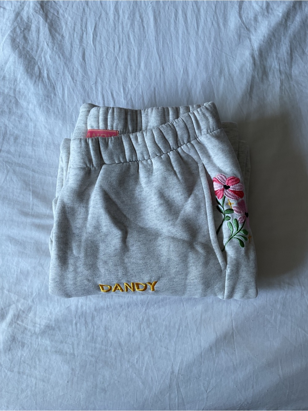 Dandy Women's Heather Gray Wide Leg Sweatpants with Pink Floral Embroidery